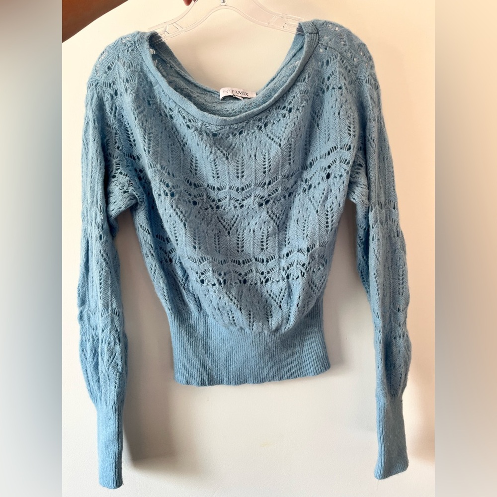 Intermix baby blue crochet cashmere and wool sweater
